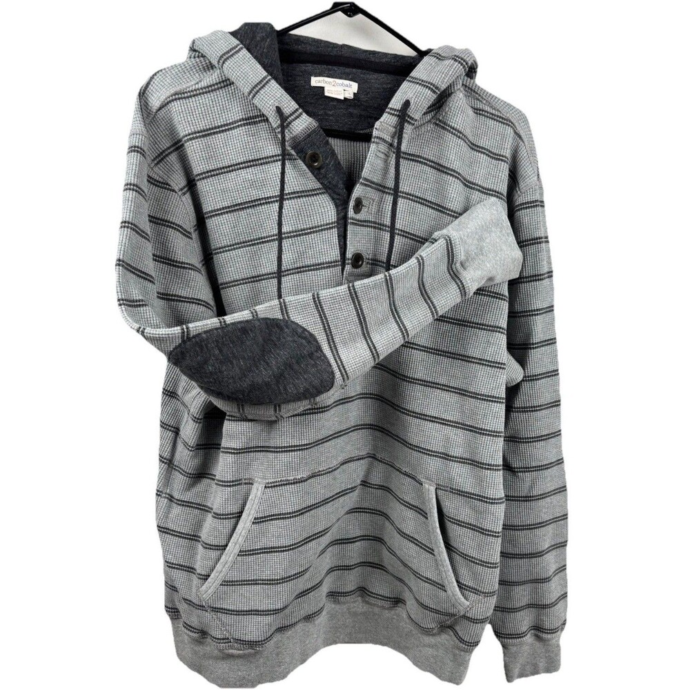 Men's Carbon 2 Cobalt 1/4 Button Up Hoodie Pullover Gray Striped Large Cotton